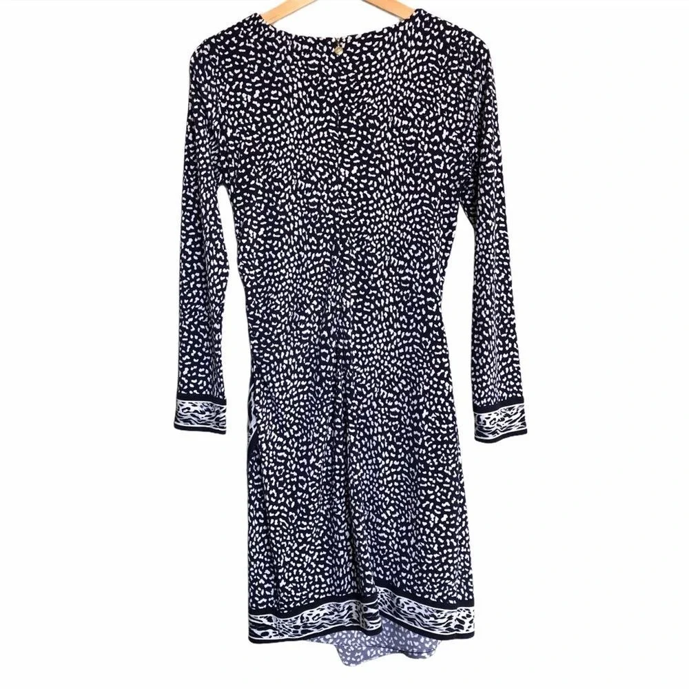 Michael Kors Sheath Dress Womens Medium Navy Blue Animal Print Long Sleeve Wrap
